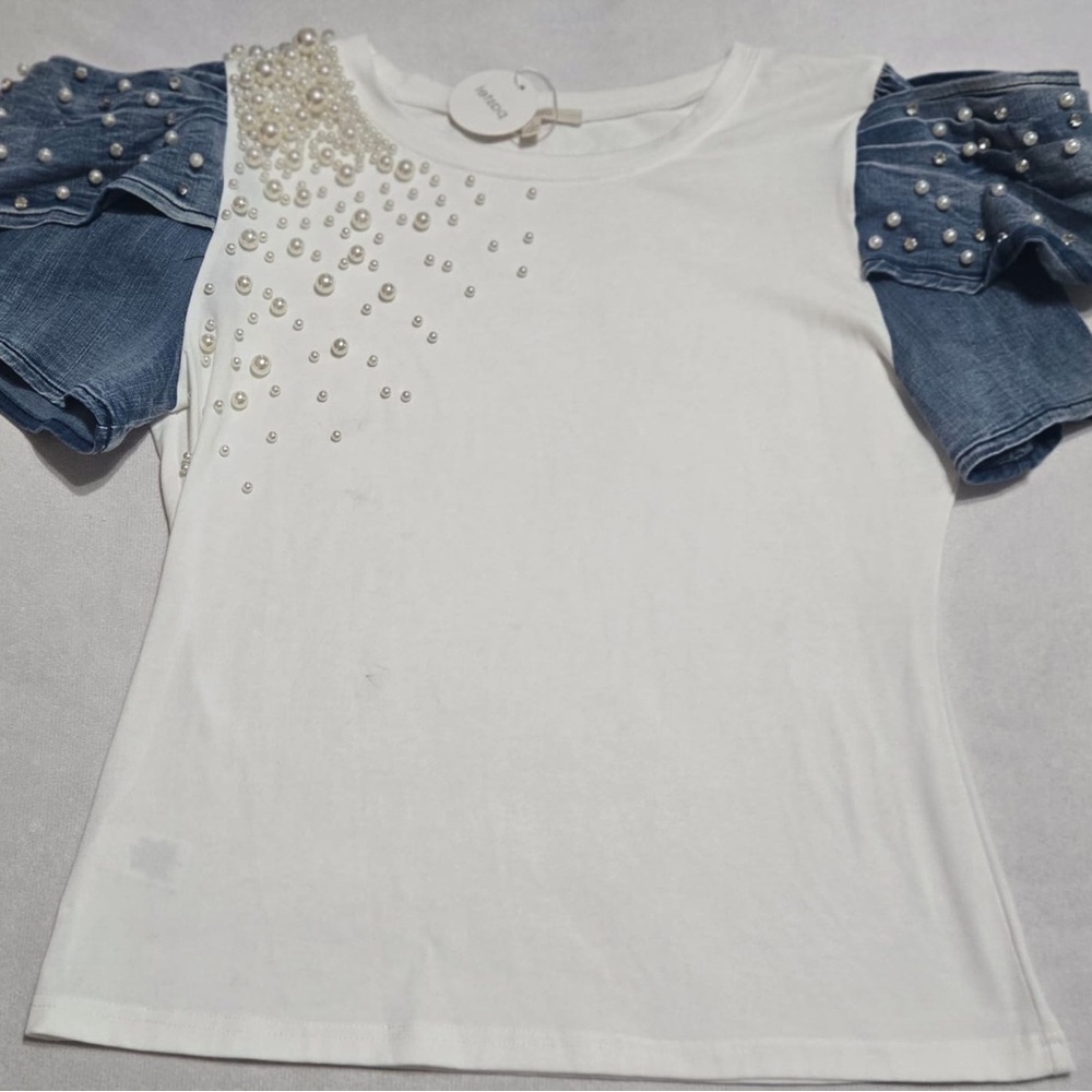 Pastels White Tee with Blue Denim Sleeves and Pearl Details